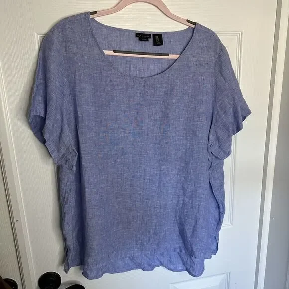 TAHARI Women's Blue Scoop Short Sleeve 100% Linen Tunic Top Shirt 1x - Picture 6 of 8